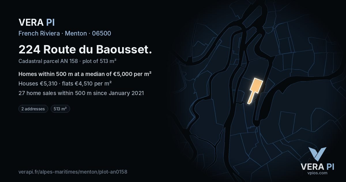 224 Route du Baousset, Menton at night – the plot lit, the parcels around coloured by the prices near them