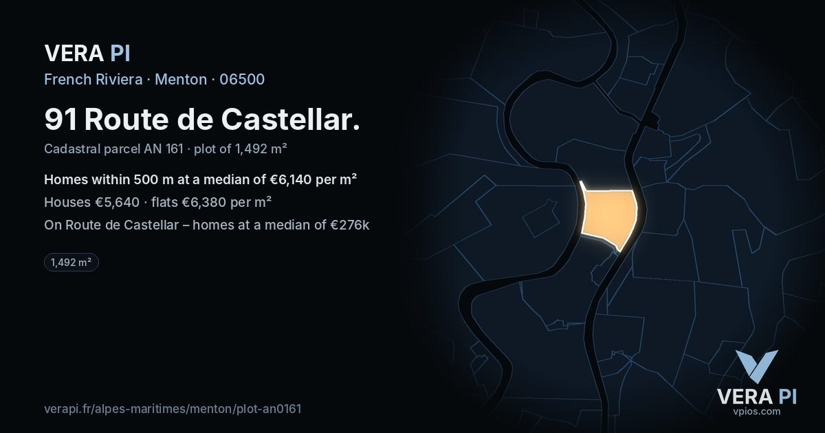 91 Route de Castellar, Menton at night – the plot lit, the parcels around coloured by the prices near them