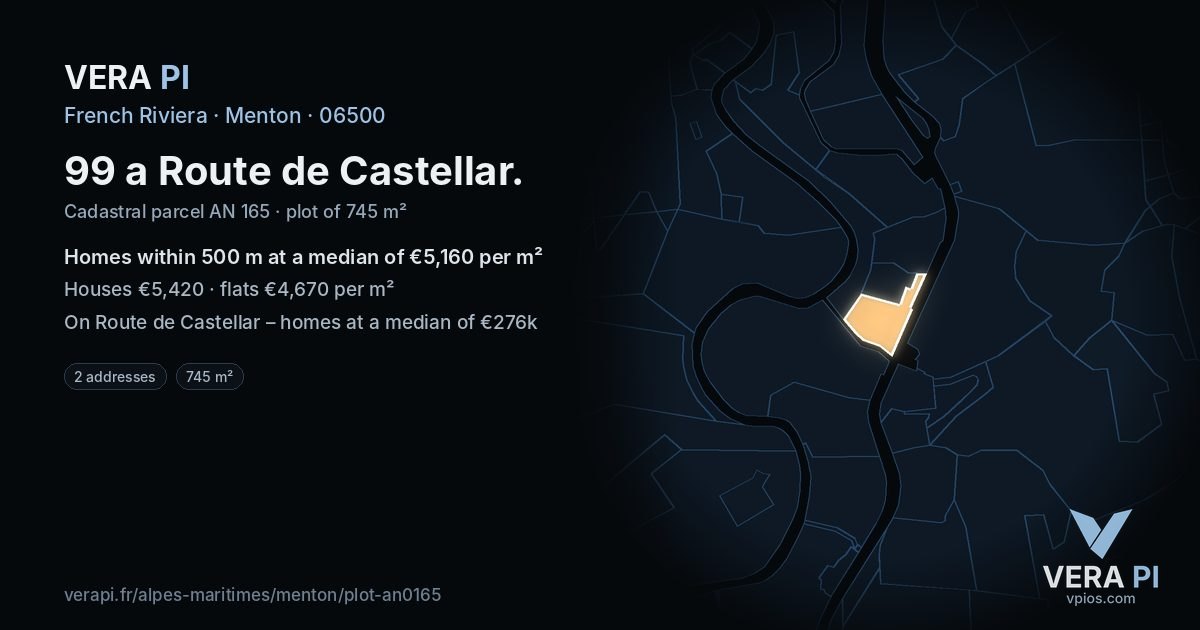 99 a Route de Castellar, Menton at night – the plot lit, the parcels around coloured by the prices near them