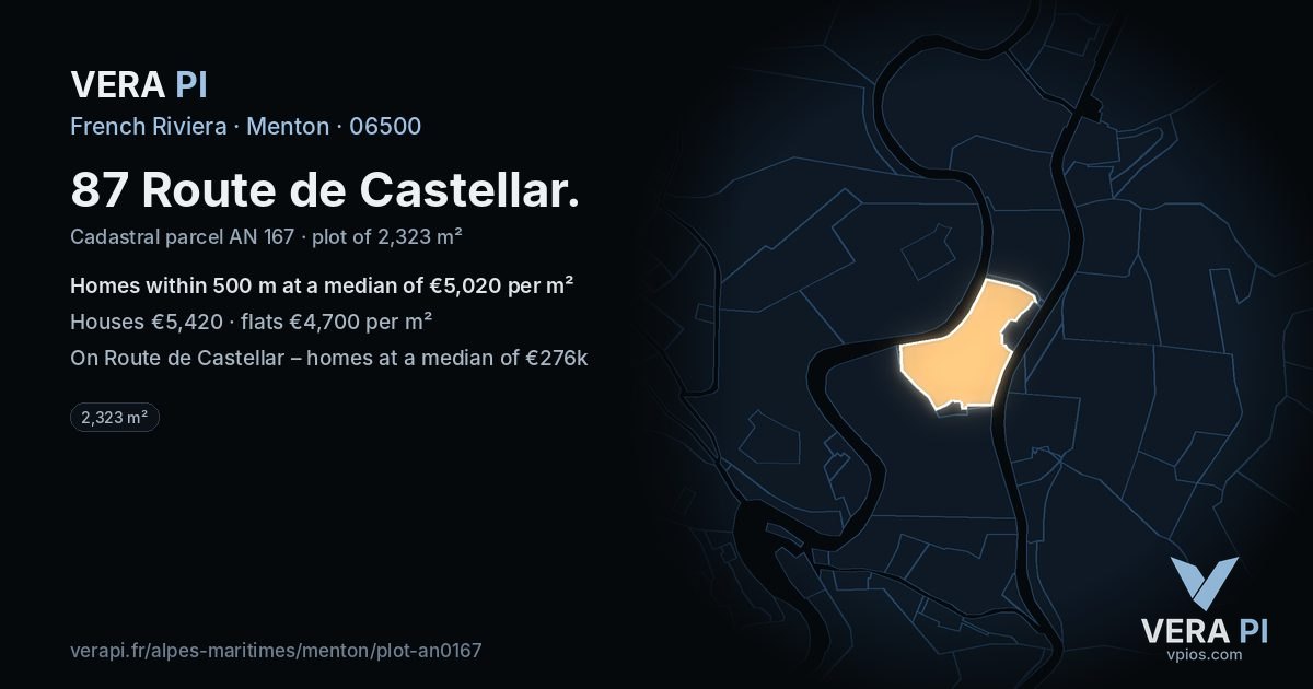 87 Route de Castellar, Menton at night – the plot lit, the parcels around coloured by the prices near them