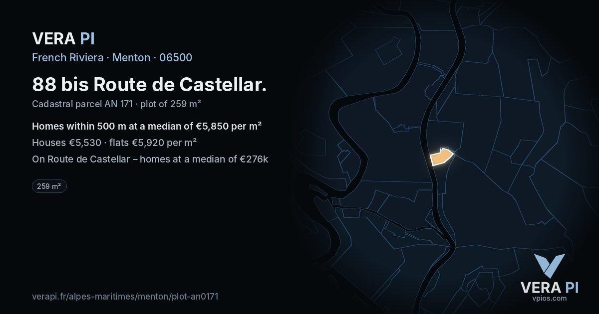 88 bis Route de Castellar, Menton at night – the plot lit, the parcels around coloured by the prices near them