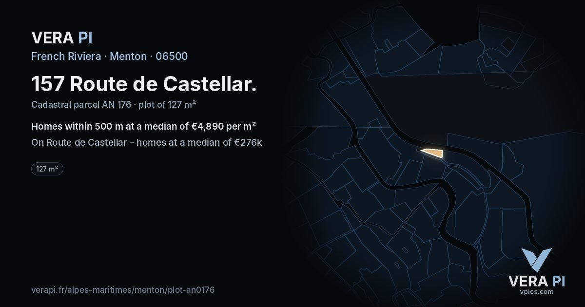 157 Route de Castellar, Menton at night – the plot lit, the parcels around coloured by the prices near them
