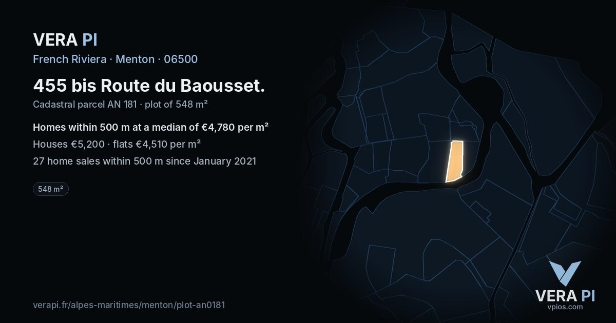 455 bis Route du Baousset, Menton at night – the plot lit, the parcels around coloured by the prices near them