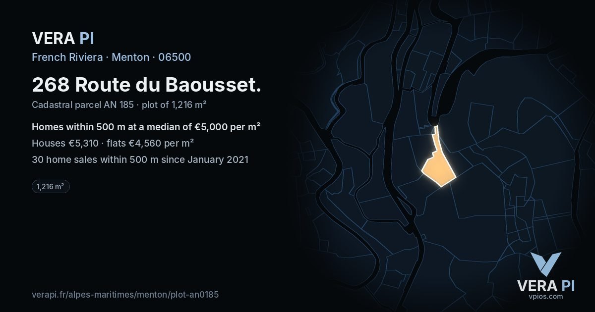 268 Route du Baousset, Menton at night – the plot lit, the parcels around coloured by the prices near them