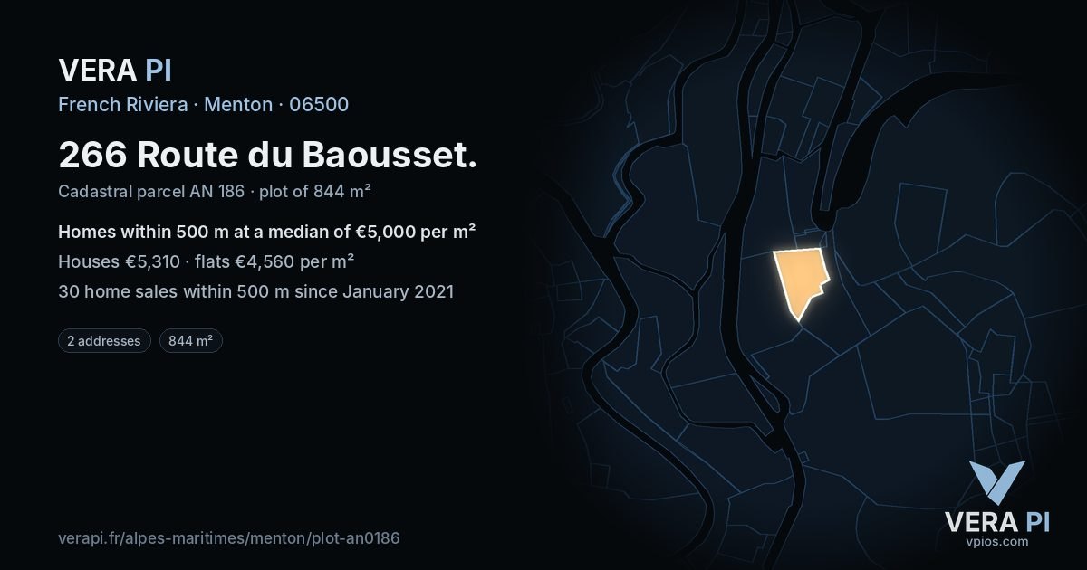 266 Route du Baousset, Menton at night – the plot lit, the parcels around coloured by the prices near them
