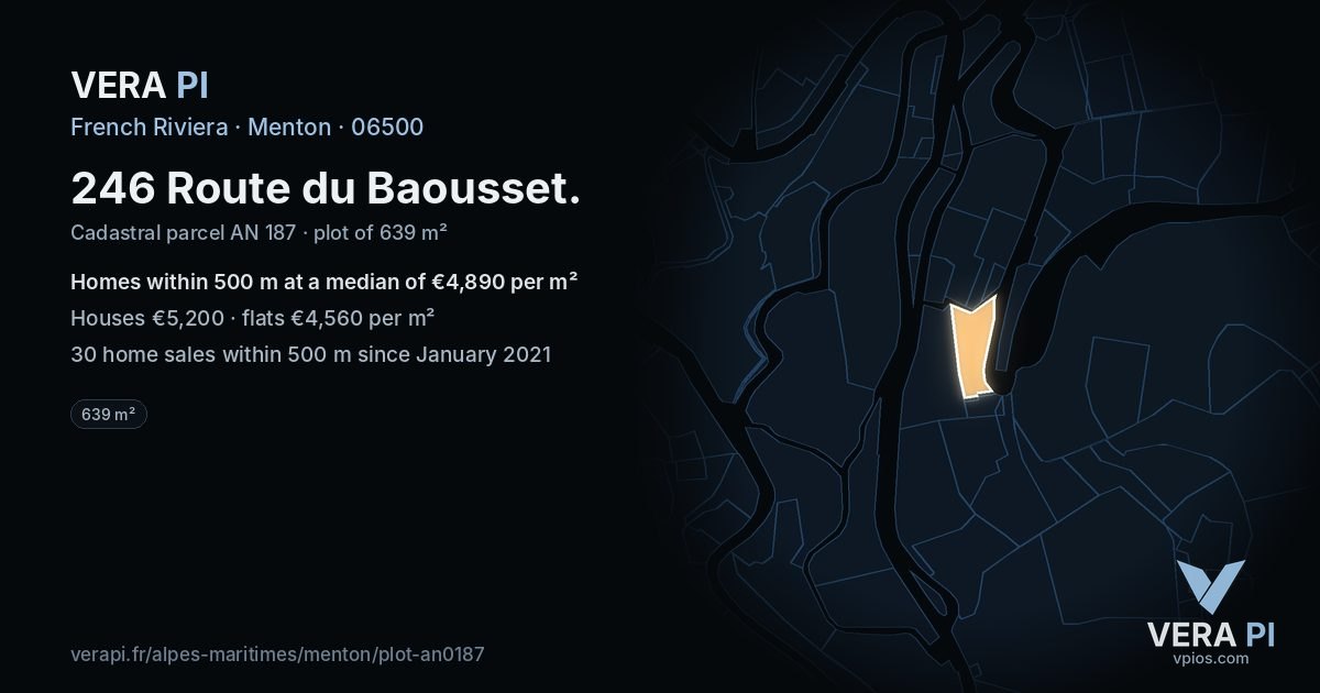 246 Route du Baousset, Menton at night – the plot lit, the parcels around coloured by the prices near them