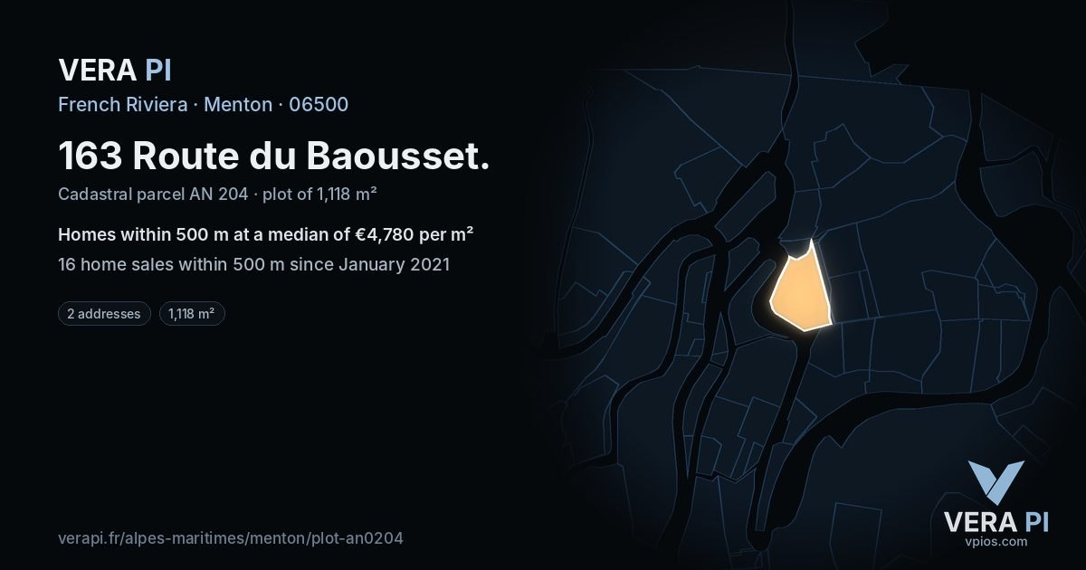 163 Route du Baousset, Menton at night – the plot lit, the parcels around coloured by the prices near them