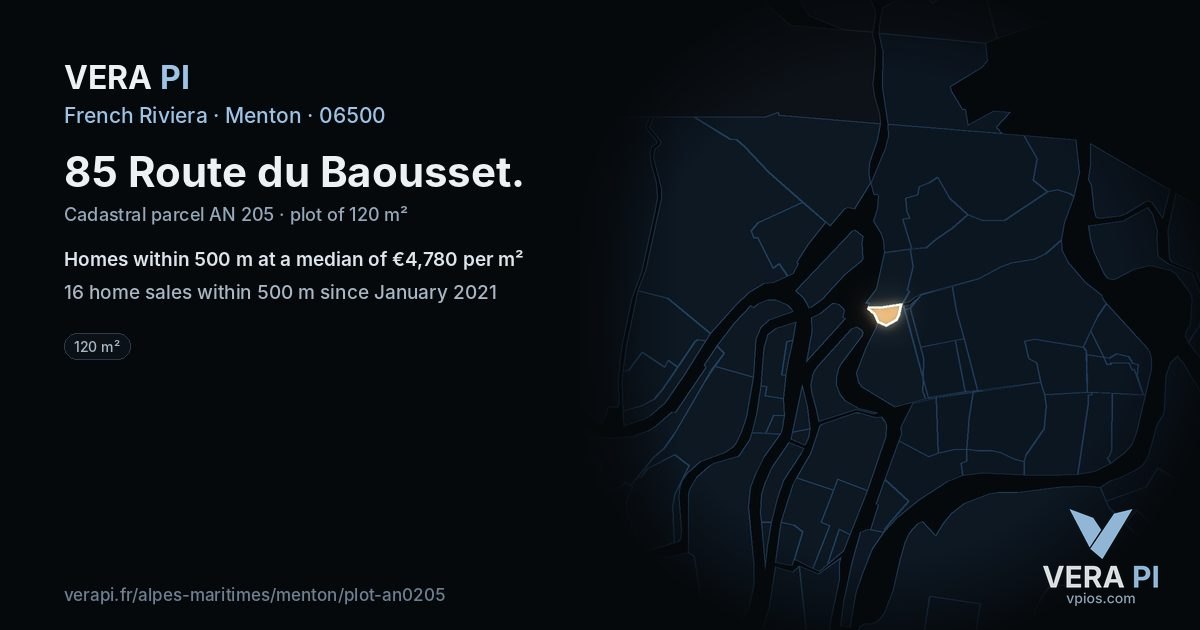 85 Route du Baousset, Menton at night – the plot lit, the parcels around coloured by the prices near them