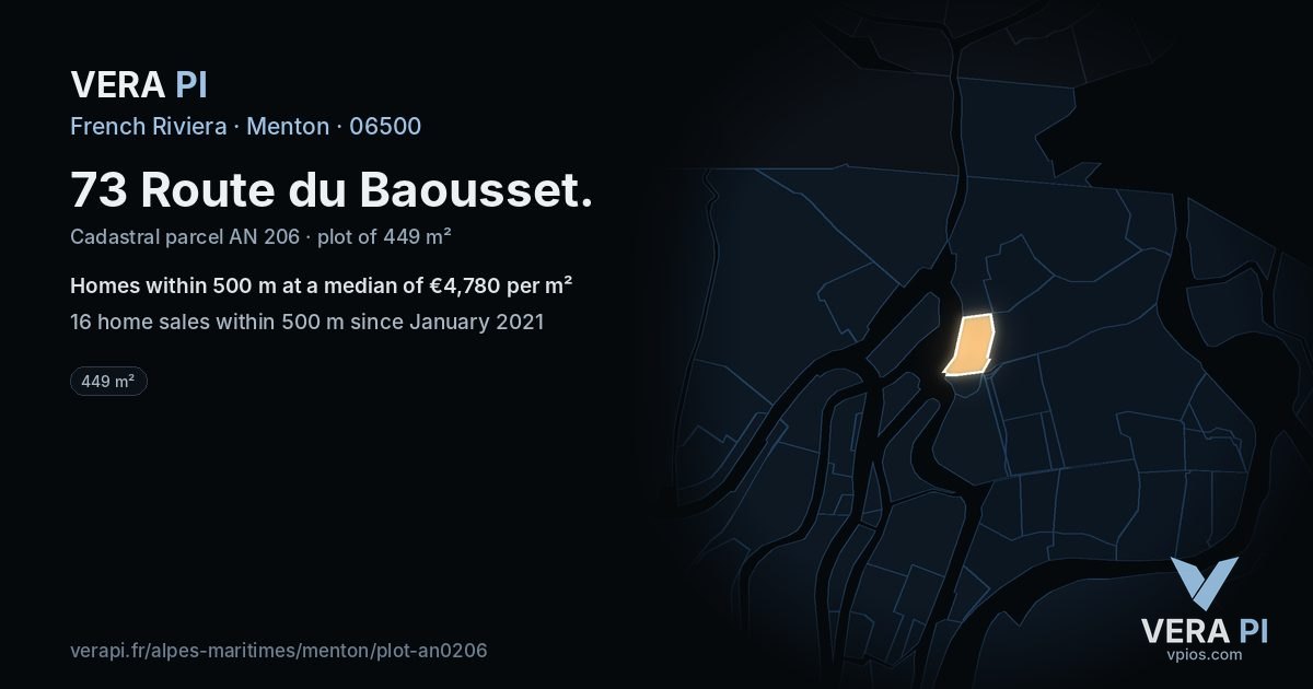 73 Route du Baousset, Menton at night – the plot lit, the parcels around coloured by the prices near them