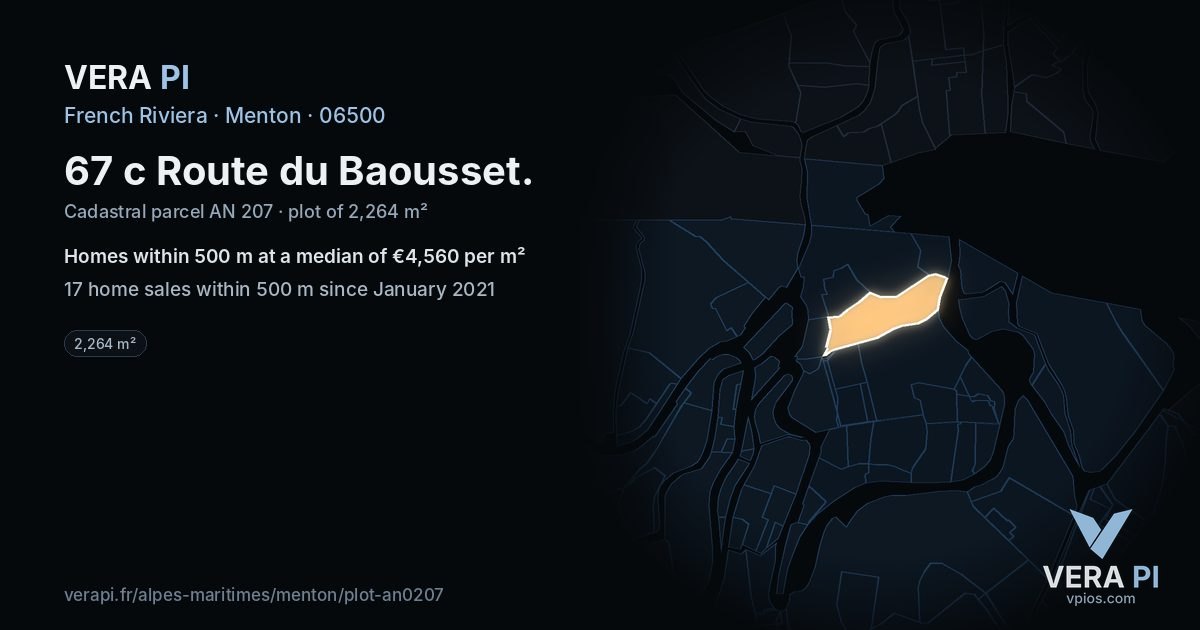 67 c Route du Baousset, Menton at night – the plot lit, the parcels around coloured by the prices near them