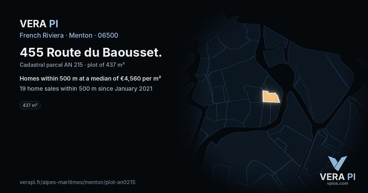 455 Route du Baousset, Menton at night – the plot lit, the parcels around coloured by the prices near them