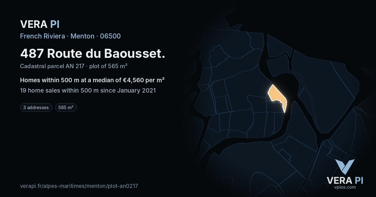 487 Route du Baousset, Menton at night – the plot lit, the parcels around coloured by the prices near them