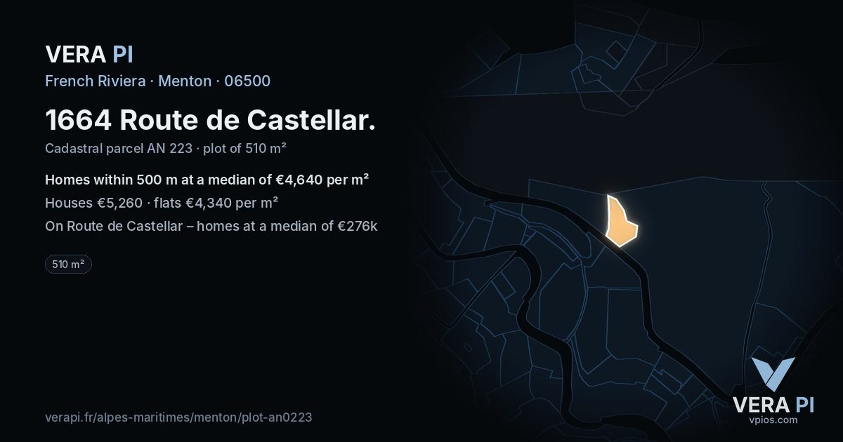 1664 Route de Castellar, Menton at night – the plot lit, the parcels around coloured by the prices near them