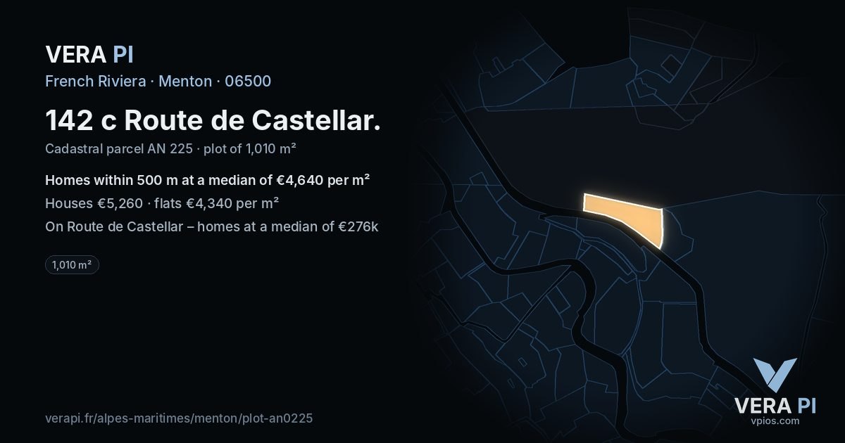 142 c Route de Castellar, Menton at night – the plot lit, the parcels around coloured by the prices near them