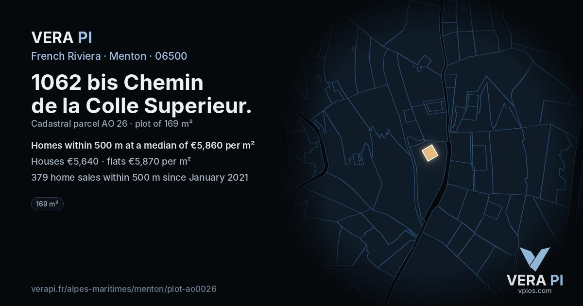 1062 bis Chemin de la Colle Superieur, Menton at night – the plot lit, the parcels around coloured by the prices near them