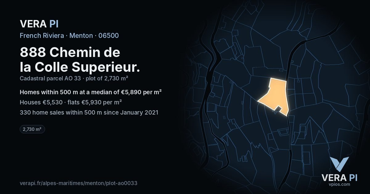 888 Chemin de la Colle Superieur, Menton at night – the plot lit, the parcels around coloured by the prices near them