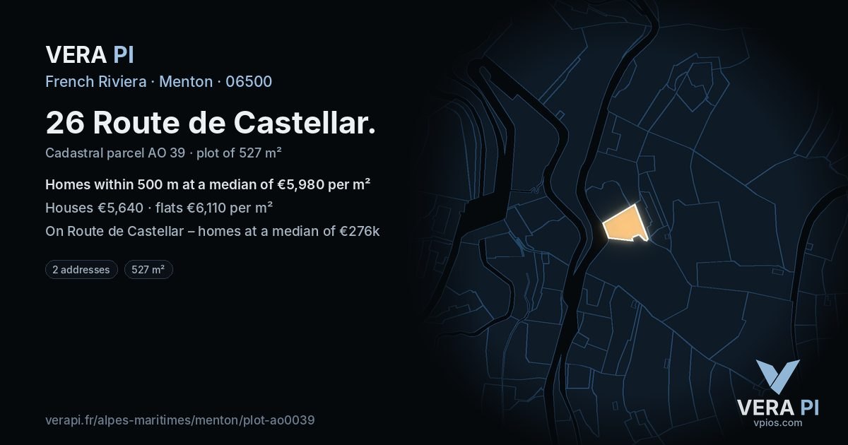 26 Route de Castellar, Menton at night – the plot lit, the parcels around coloured by the prices near them