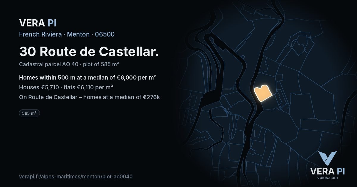 30 Route de Castellar, Menton at night – the plot lit, the parcels around coloured by the prices near them