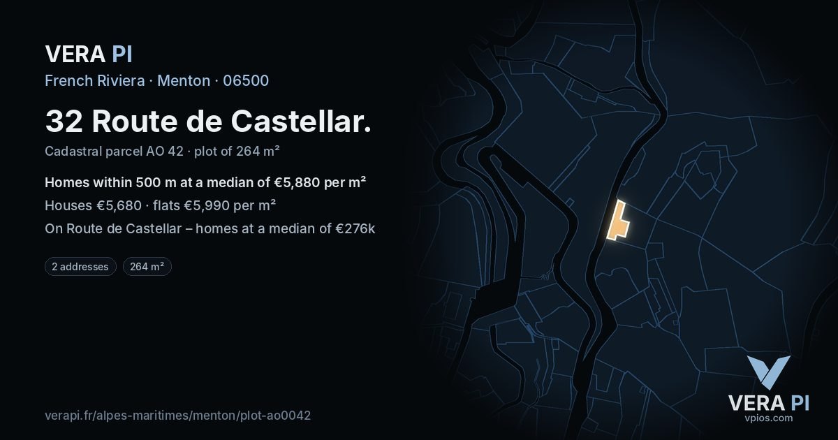 32 Route de Castellar, Menton at night – the plot lit, the parcels around coloured by the prices near them