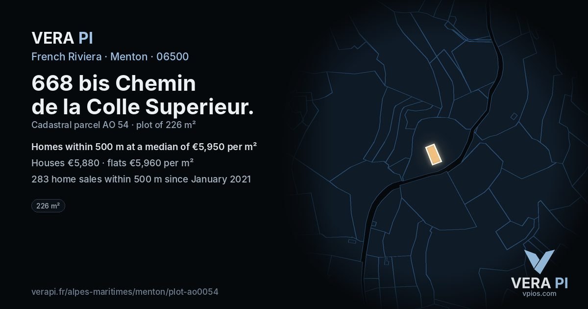 668 bis Chemin de la Colle Superieur, Menton at night – the plot lit, the parcels around coloured by the prices near them