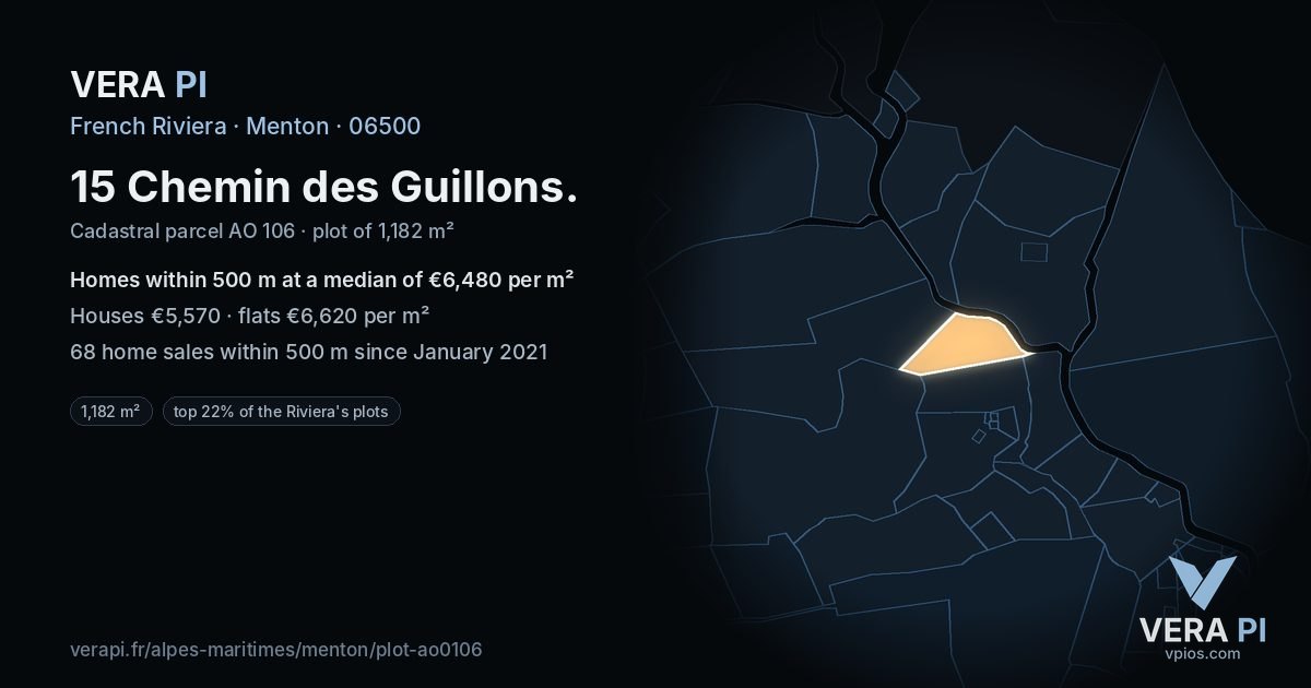 15 Chemin des Guillons, Menton at night – the plot lit, the parcels around coloured by the prices near them