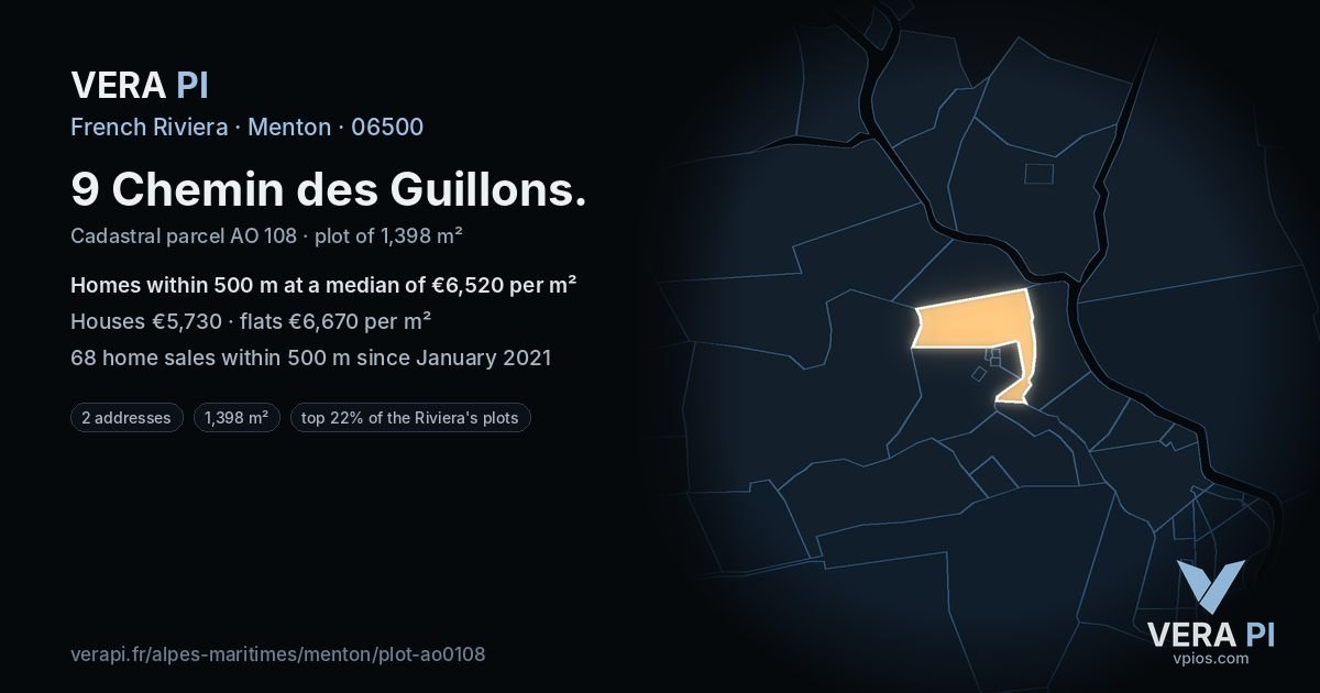 9 Chemin des Guillons, Menton at night – the plot lit, the parcels around coloured by the prices near them