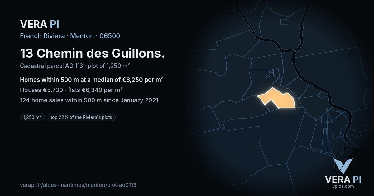 13 Chemin des Guillons, Menton at night – the plot lit, the parcels around coloured by the prices near them