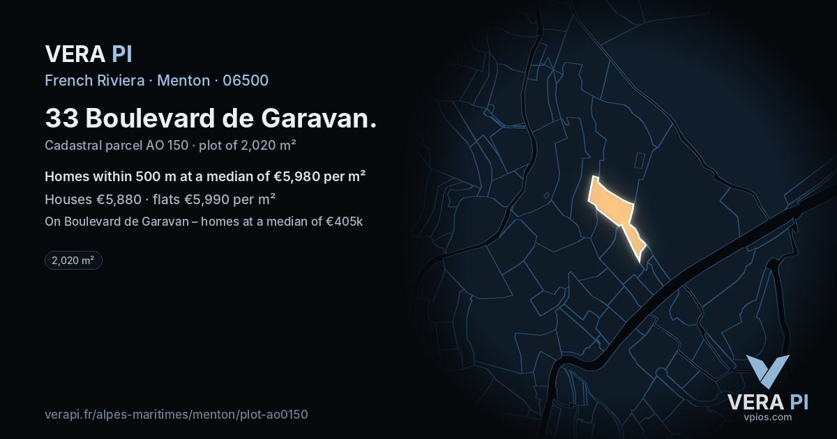 33 Boulevard de Garavan, Menton at night – the plot lit, the parcels around coloured by the prices near them