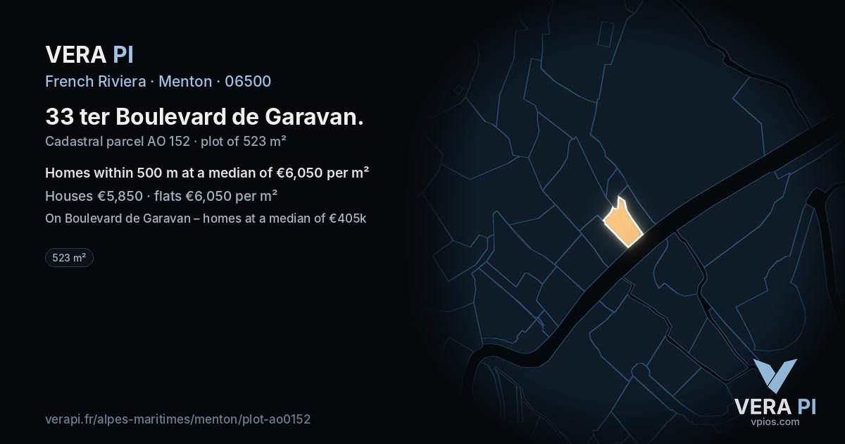 33 ter Boulevard de Garavan, Menton at night – the plot lit, the parcels around coloured by the prices near them