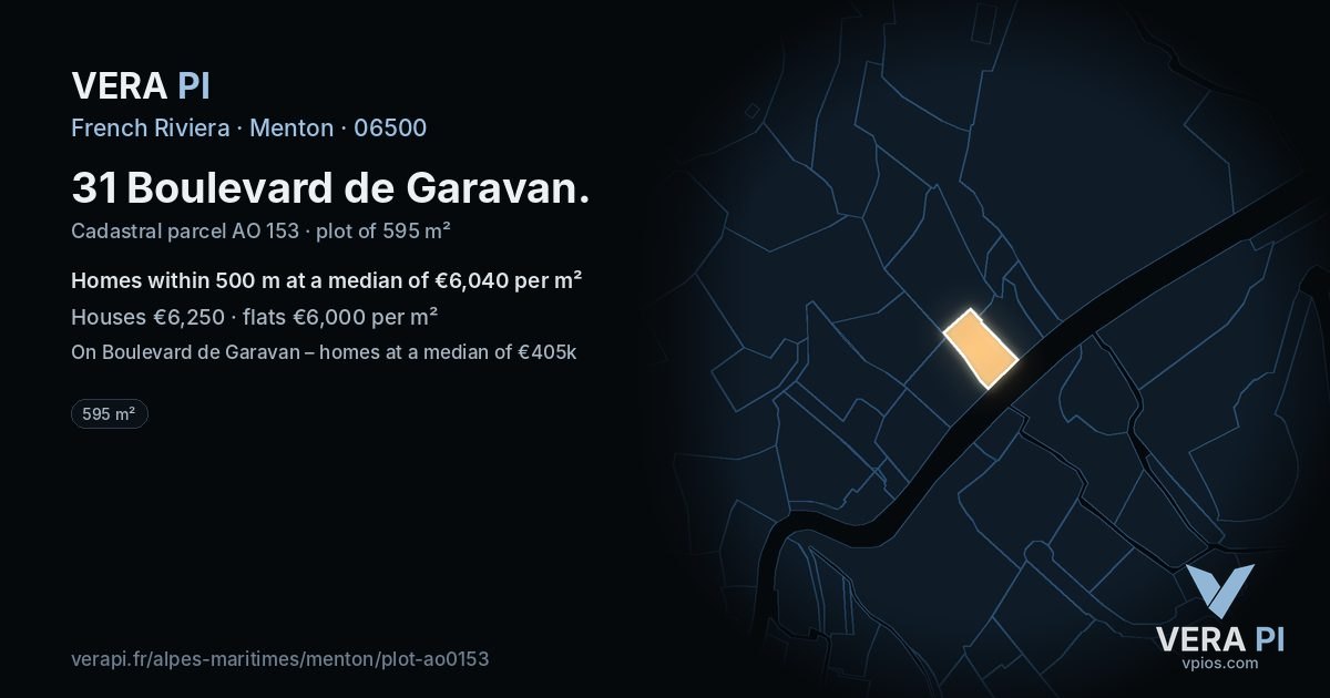 31 Boulevard de Garavan, Menton at night – the plot lit, the parcels around coloured by the prices near them