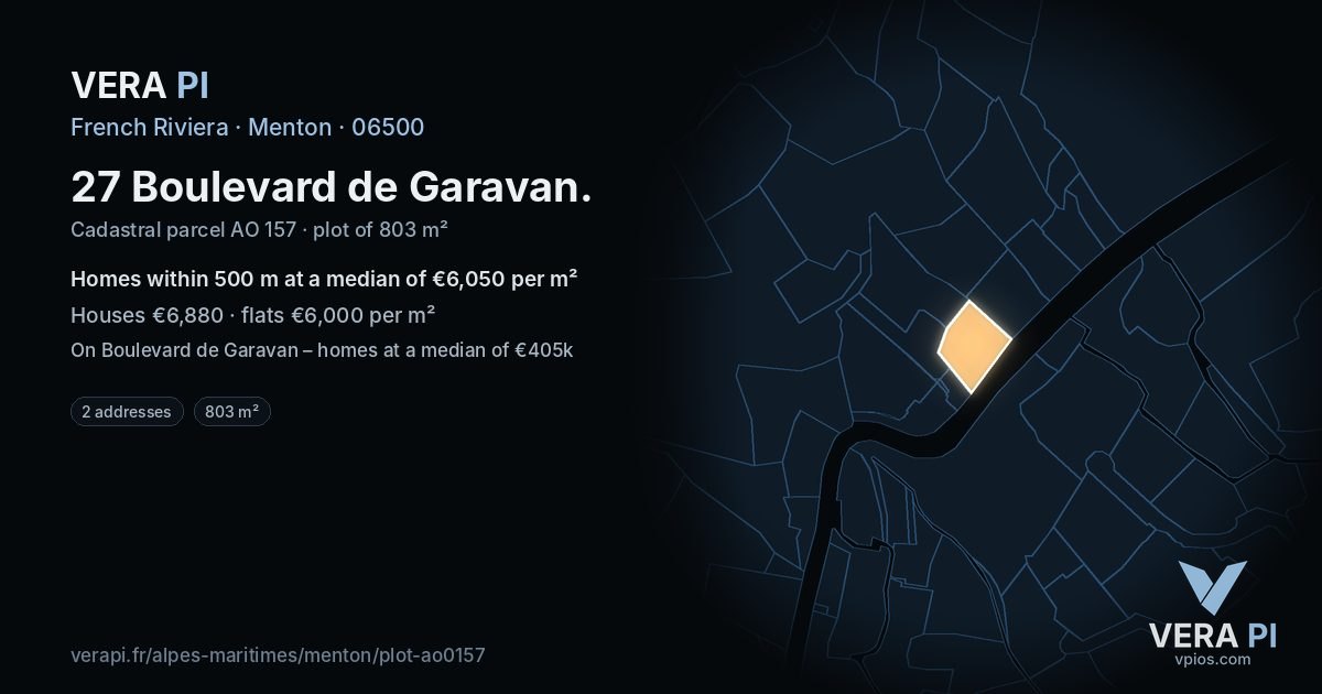 27 Boulevard de Garavan, Menton at night – the plot lit, the parcels around coloured by the prices near them
