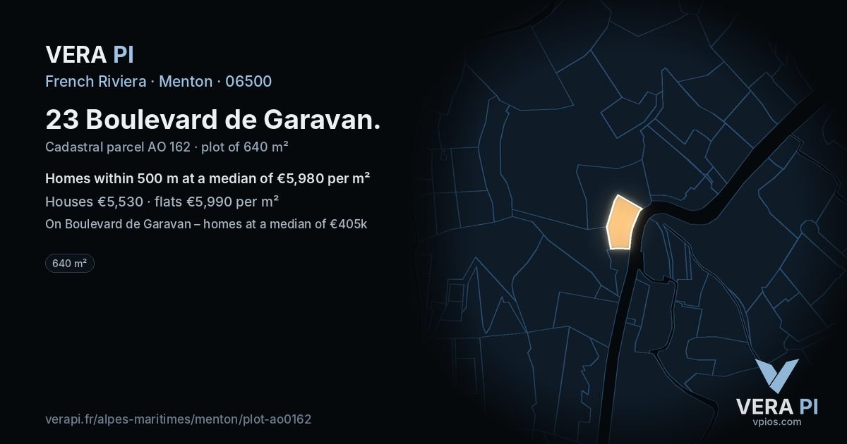 23 Boulevard de Garavan, Menton at night – the plot lit, the parcels around coloured by the prices near them