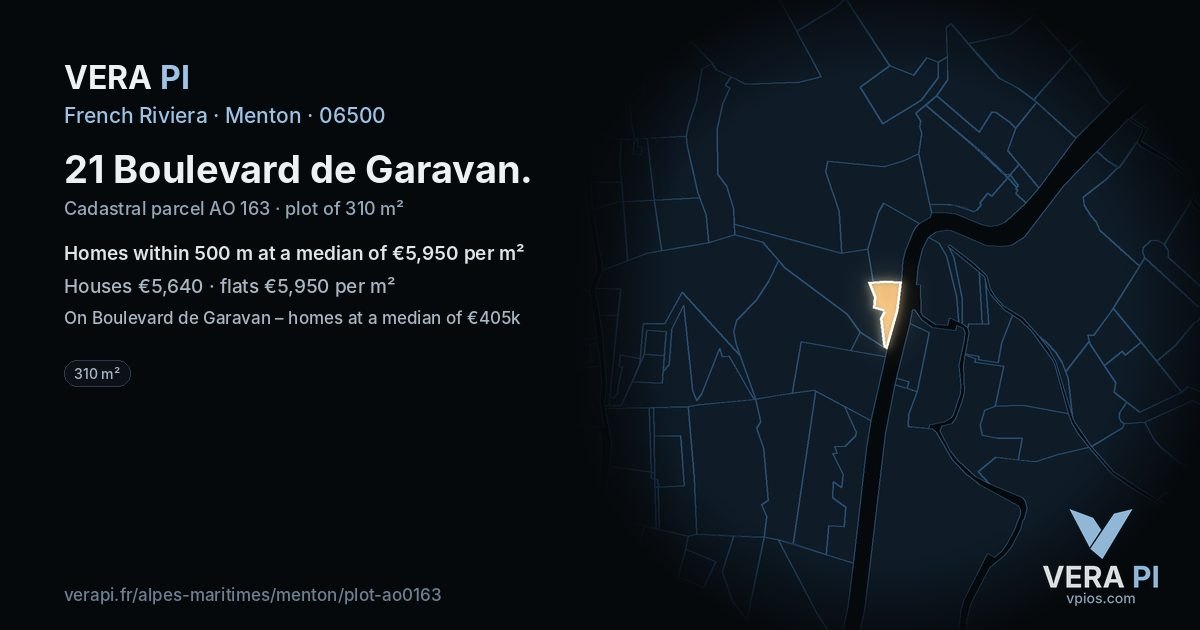 21 Boulevard de Garavan, Menton at night – the plot lit, the parcels around coloured by the prices near them