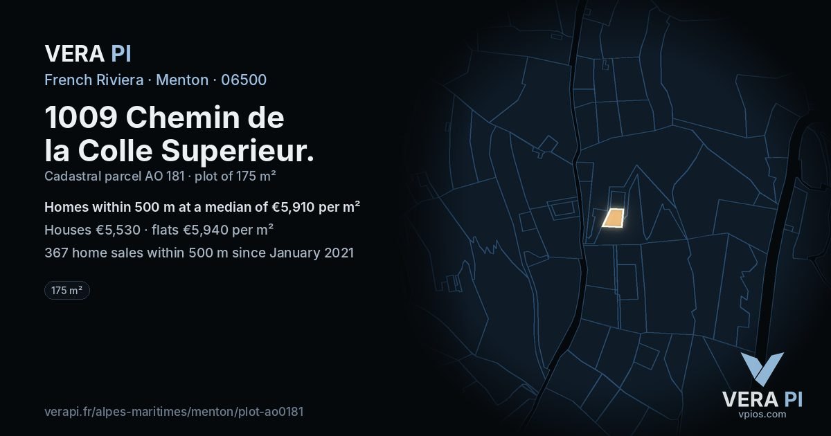 1009 Chemin de la Colle Superieur, Menton at night – the plot lit, the parcels around coloured by the prices near them