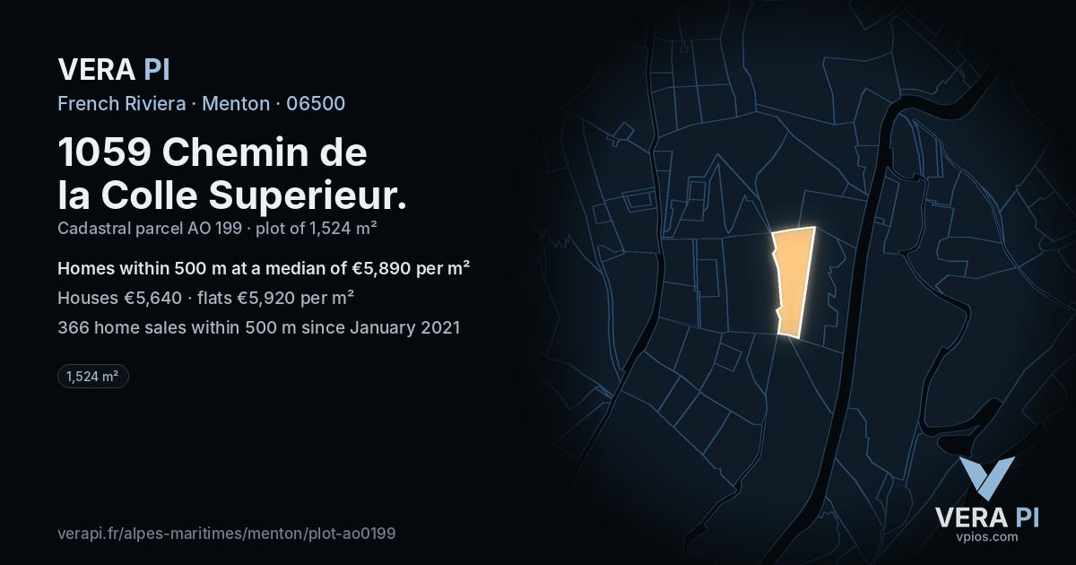1059 Chemin de la Colle Superieur, Menton at night – the plot lit, the parcels around coloured by the prices near them