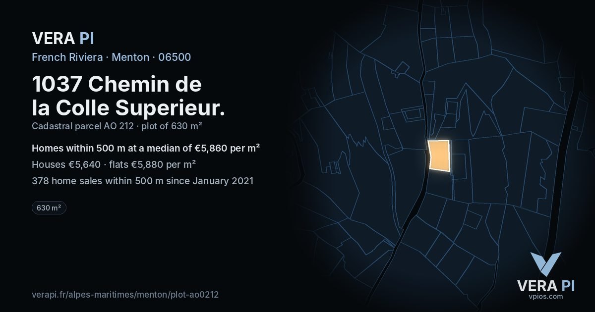 1037 Chemin de la Colle Superieur, Menton at night – the plot lit, the parcels around coloured by the prices near them