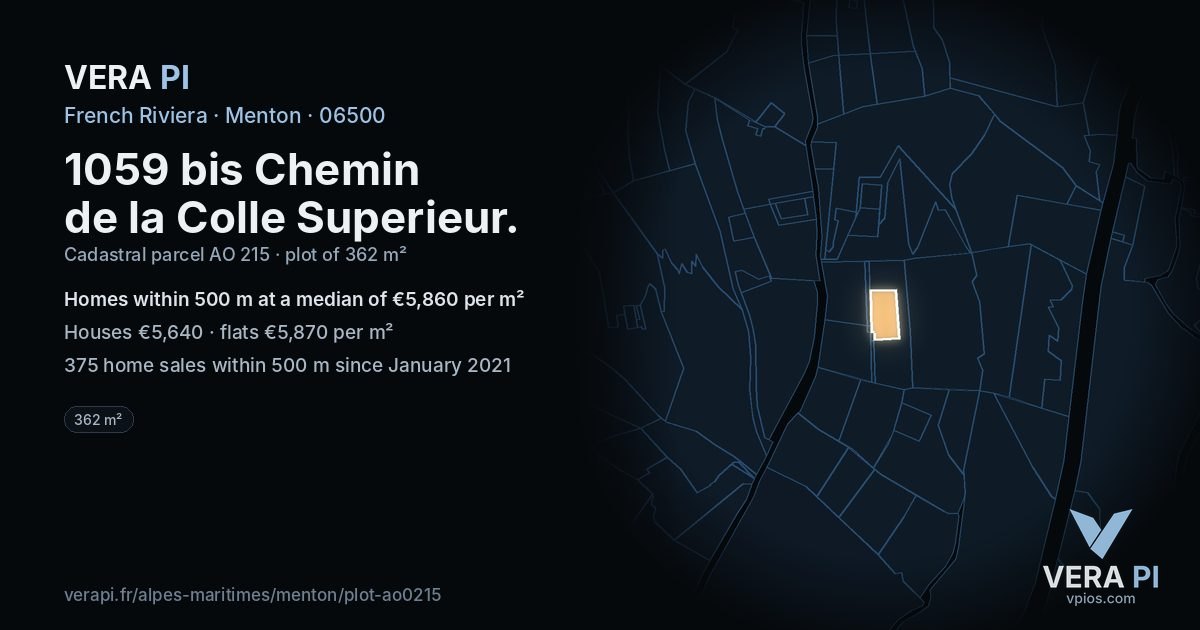 1059 bis Chemin de la Colle Superieur, Menton at night – the plot lit, the parcels around coloured by the prices near them