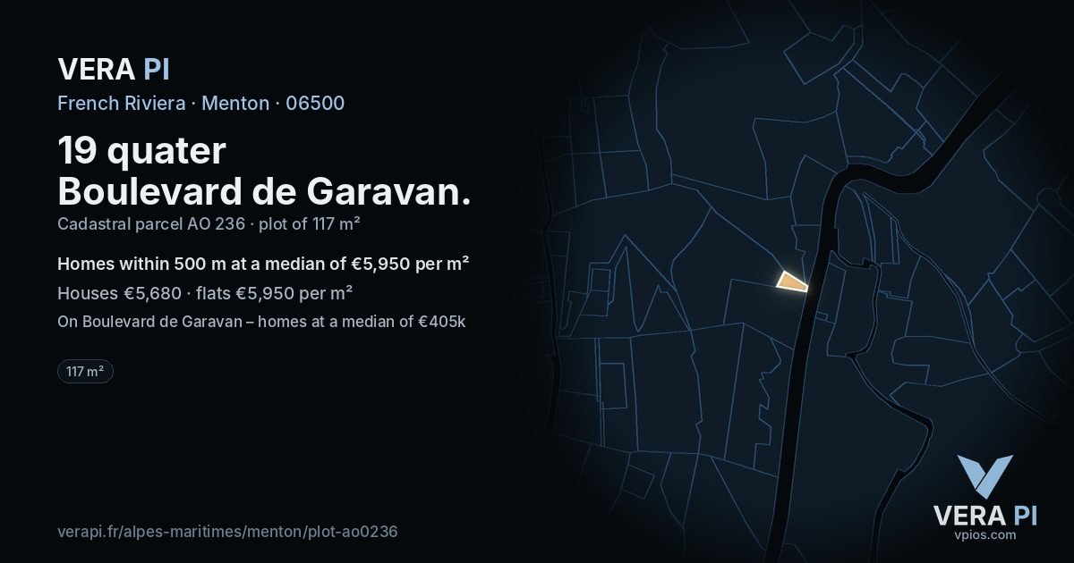 19 quater Boulevard de Garavan, Menton at night – the plot lit, the parcels around coloured by the prices near them
