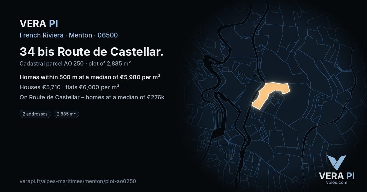 34 bis Route de Castellar, Menton at night – the plot lit, the parcels around coloured by the prices near them