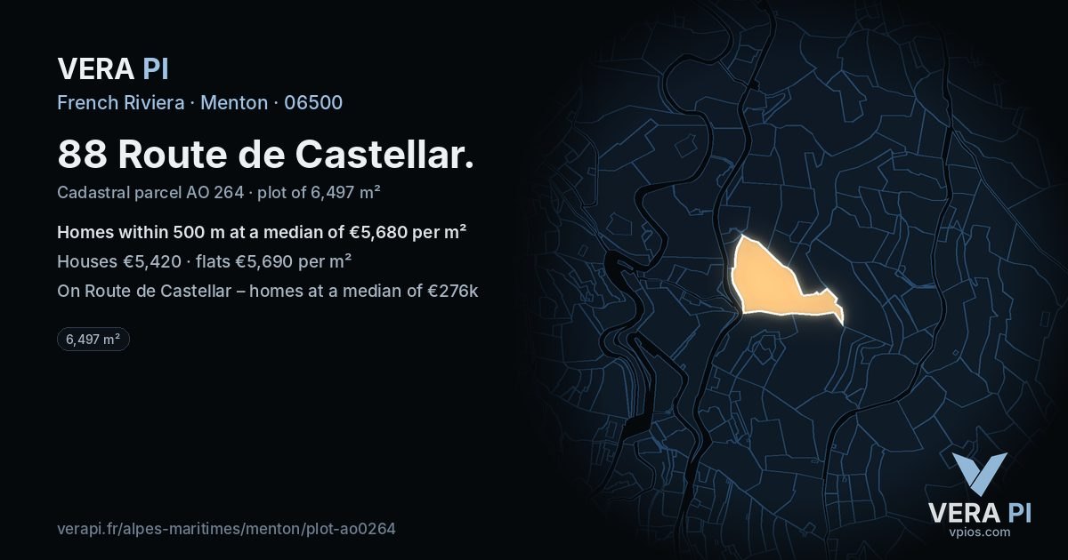 88 Route de Castellar, Menton at night – the plot lit, the parcels around coloured by the prices near them