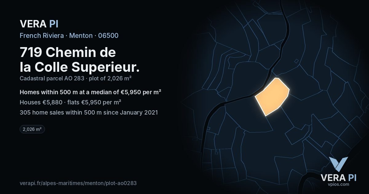 719 Chemin de la Colle Superieur, Menton at night – the plot lit, the parcels around coloured by the prices near them