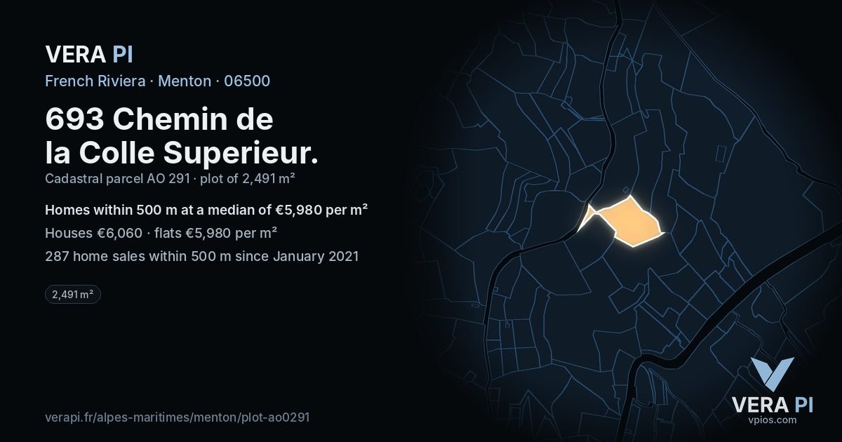 693 Chemin de la Colle Superieur, Menton at night – the plot lit, the parcels around coloured by the prices near them