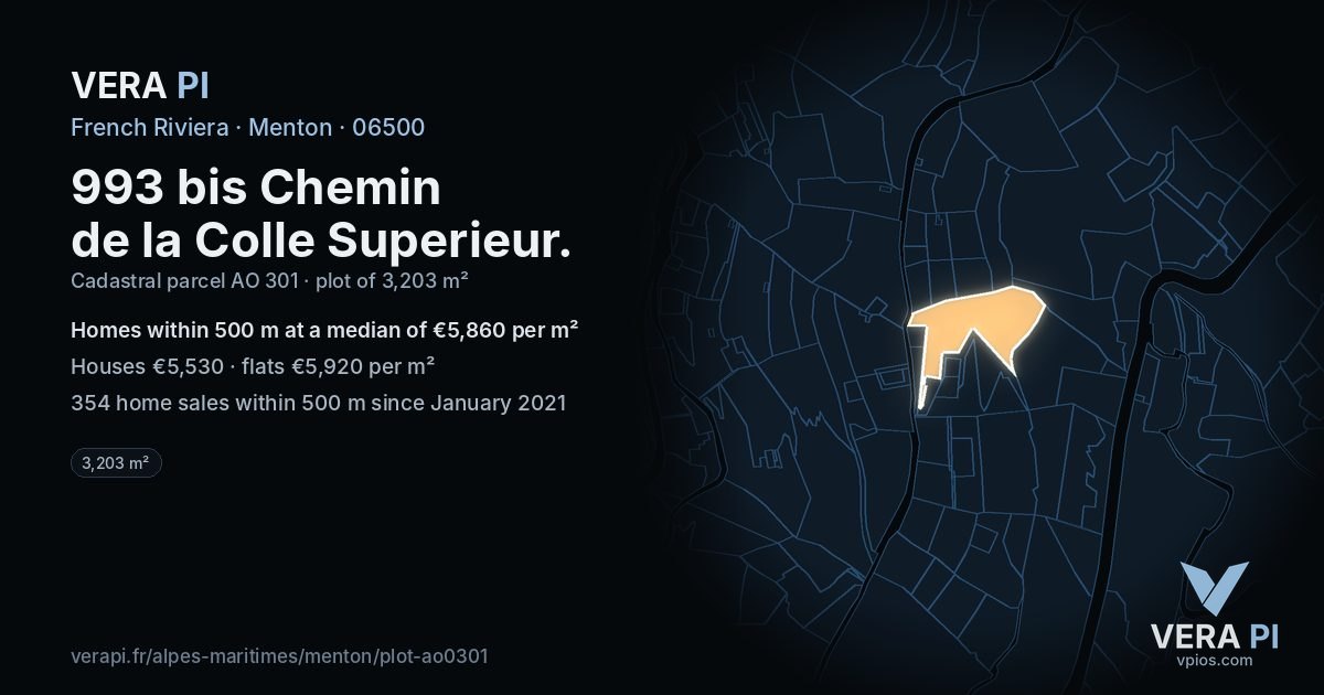 993 bis Chemin de la Colle Superieur, Menton at night – the plot lit, the parcels around coloured by the prices near them