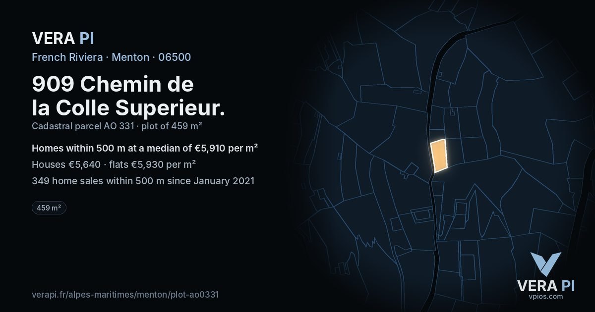 909 Chemin de la Colle Superieur, Menton at night – the plot lit, the parcels around coloured by the prices near them