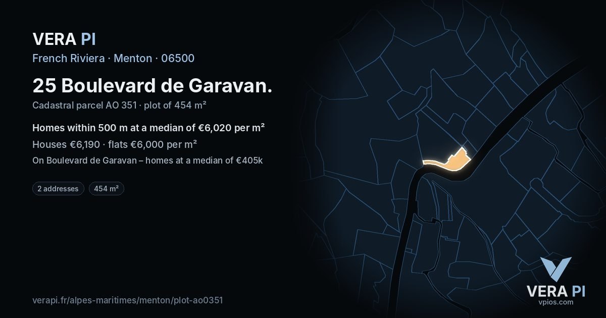 25 Boulevard de Garavan, Menton at night – the plot lit, the parcels around coloured by the prices near them