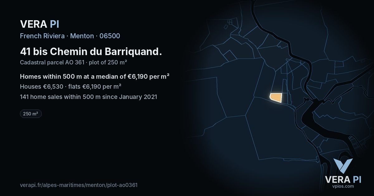 41 bis Chemin du Barriquand, Menton at night – the plot lit, the parcels around coloured by the prices near them