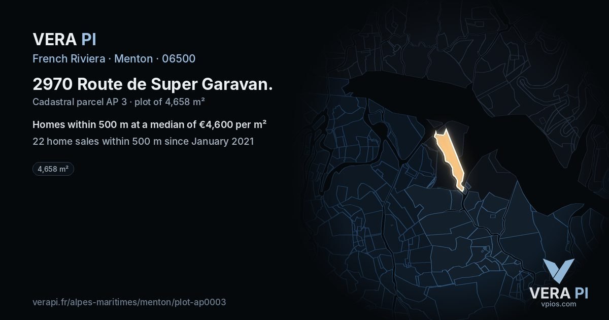 2970 Route de Super Garavan, Menton at night – the plot lit, the parcels around coloured by the prices near them