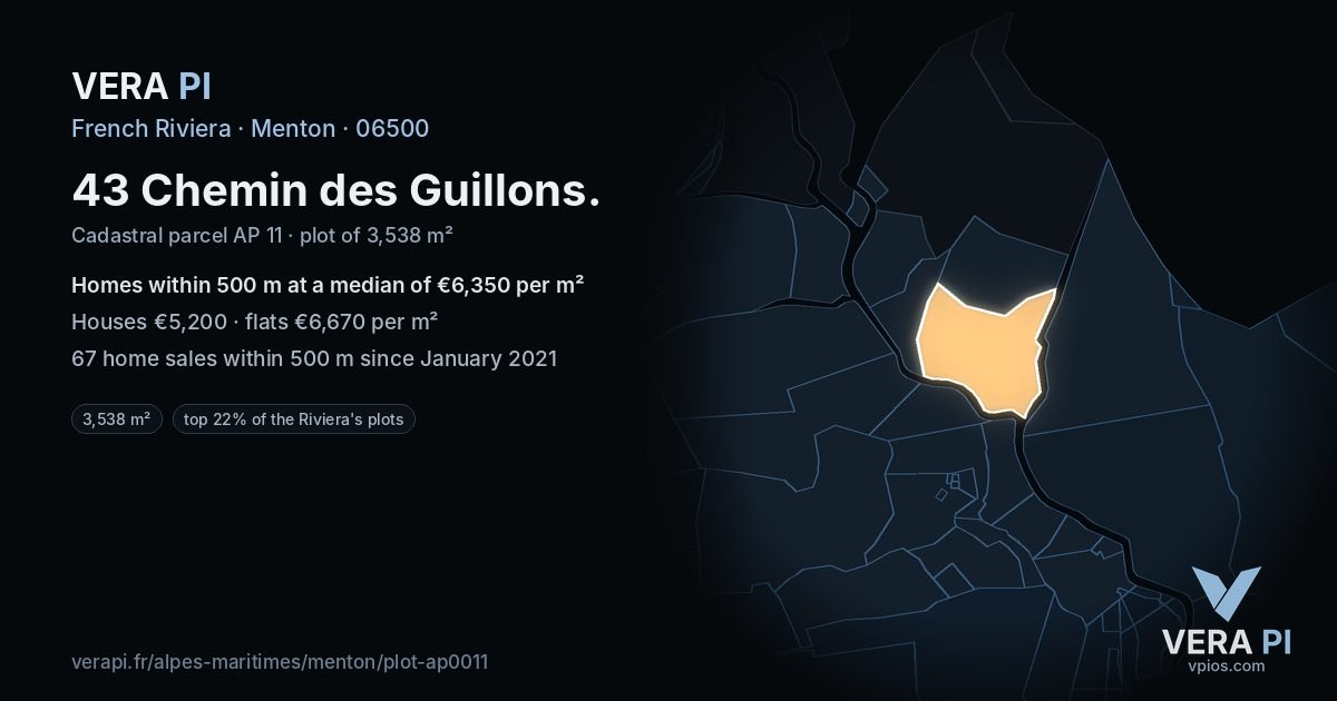 43 Chemin des Guillons, Menton at night – the plot lit, the parcels around coloured by the prices near them