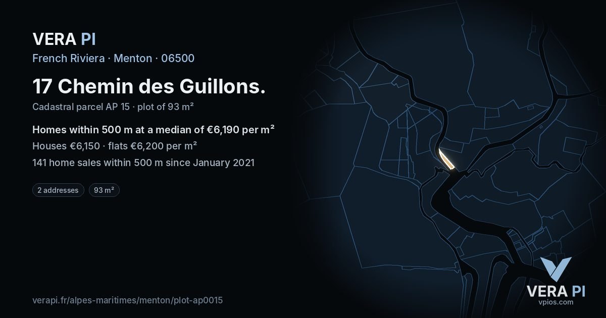 17 Chemin des Guillons, Menton at night – the plot lit, the parcels around coloured by the prices near them