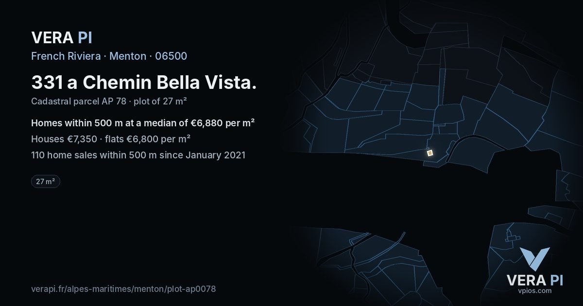 331 a Chemin Bella Vista, Menton at night – the plot lit, the parcels around coloured by the prices near them